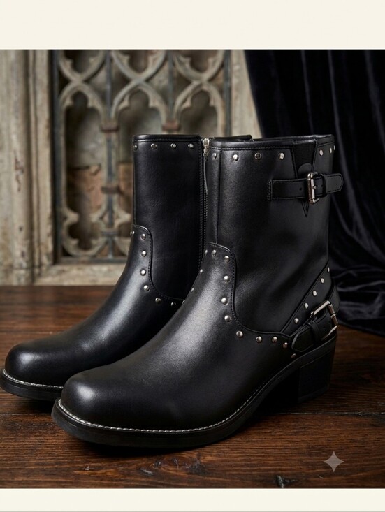 MIA Shoes - MIA Women's Delores Black Leather Square Toe Studded Buckle Booties Size 9